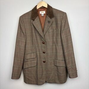 Vtg Talbots Wool Houndstooth Plaid Blazer 12P Brown Preppy Academia Equestrian